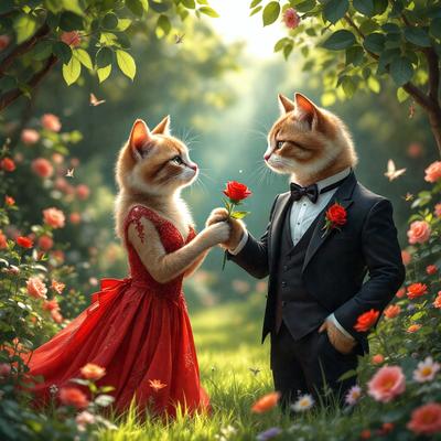 The primary subject of the image is a man and a woman, both dressed in formal attire, standing together in a garden. The man is wearing a tuxedo, and the woman is wearing a red dress. They are holding a rose between them, symbolizing their connection and love.

The setting is a beautiful garden with a variety of flowers, creating a serene and romantic atmosphere. The visual style of the image is a combination of photo and digital art, giving it a realistic yet artistic appearance. The